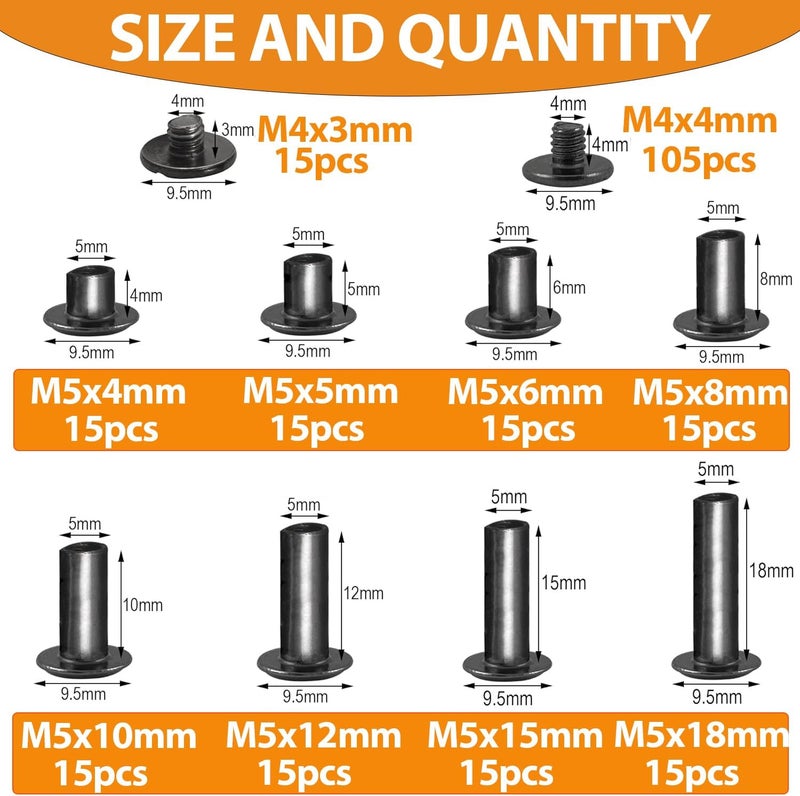 Hincell 120sets Chicago Screws Kit, 8 Sizes Screw Rivets Gunmetal Black Chicago Binding Screws for DIY Repair Leather Craft Belt Bag Shoes Purse Bookbinding (M5*4,5,6,8,10,12,15,18) (Gunmetal Black) - Image 2
